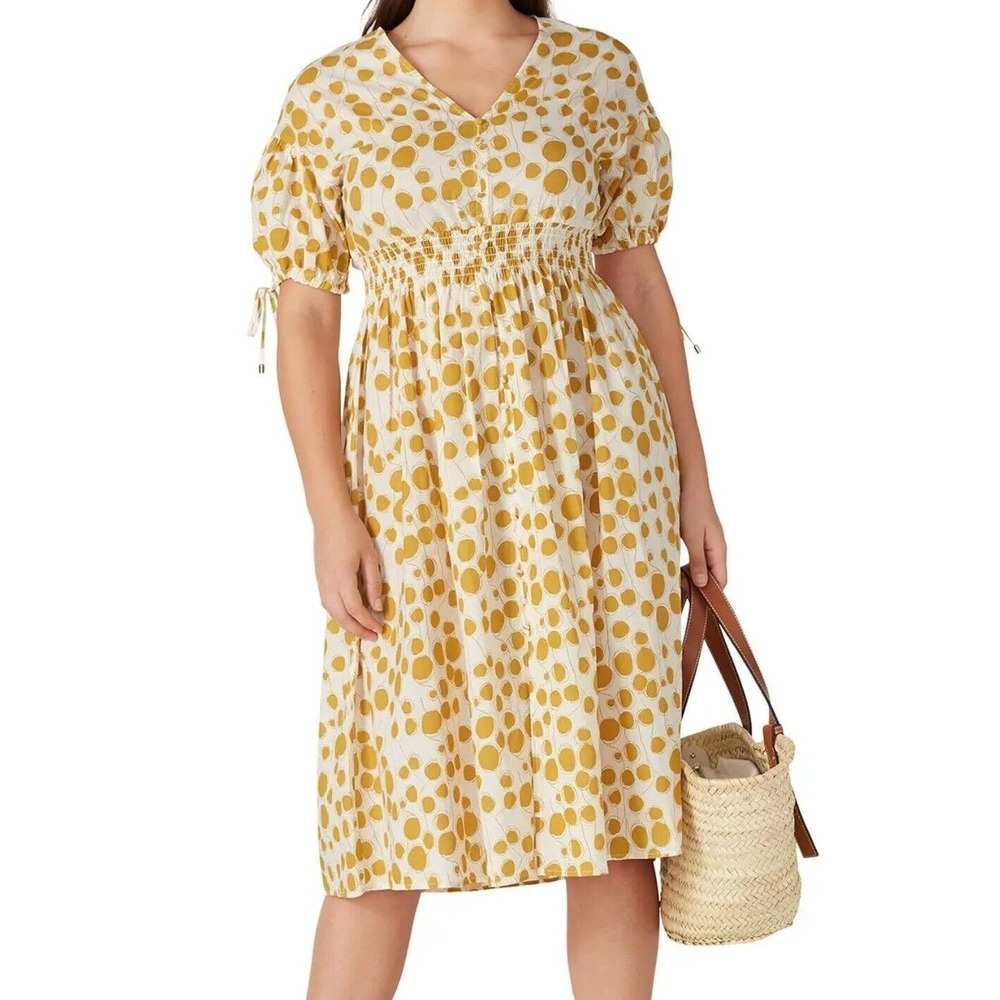 Kourt Polka Dot Dress‎ Women XL Yellow White V-Neck Button Front EUC Smocked